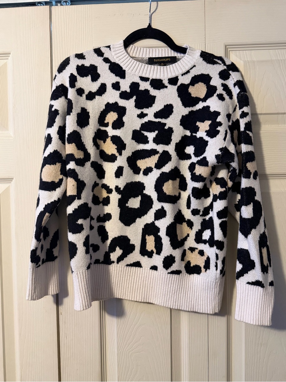 Sugarlips Cream Black Tan Leopard Print Crewneck Sweater